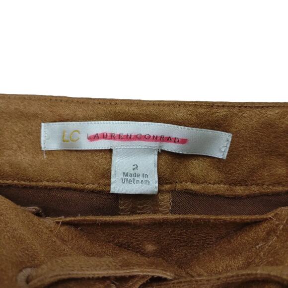 Lauren Conrad Sz 2 Lace-Up Tie Front Tan Faux Suede Mini Skirt Pockets Peasant - Picture 3 of 8